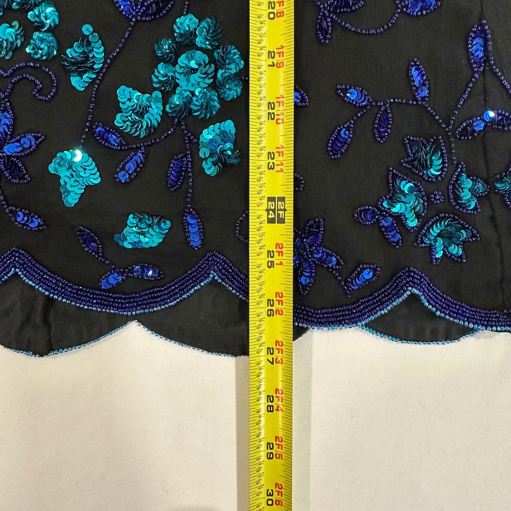 Scala Silk Beaded Top 1X Black Blue‎ Floral Sequin Scalloped Blouse Vintage - Picture 6 of 6